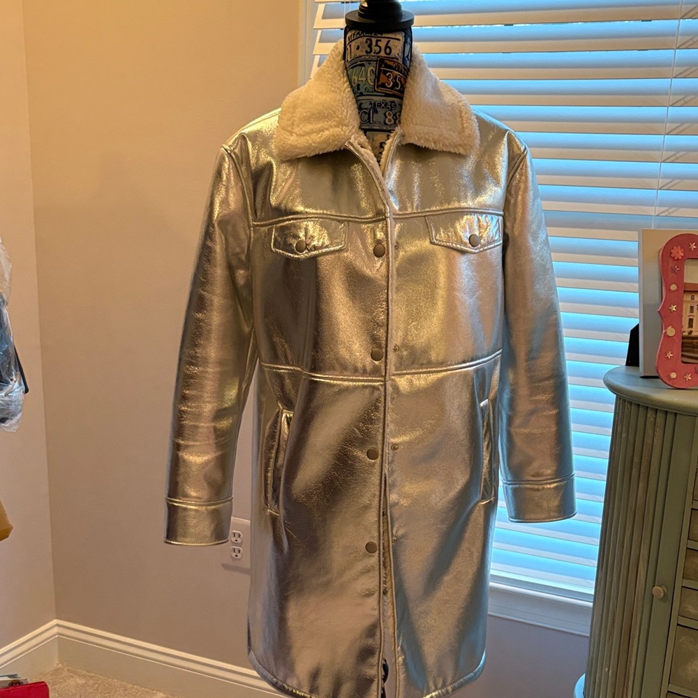 7 For All Mankind Silver Leather Jacket with Shearling Collar